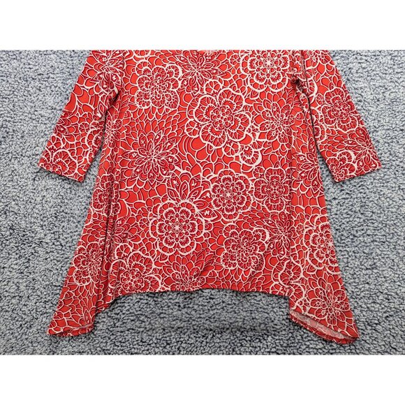 Clara Sun Woo Sharkbite Hem Tunic Top Size LG Floral Lightweight Boho USA Red - Picture 4 of 10